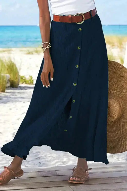 Coral Women's Button-Front Maxi Skirt - High-Waisted, Linen-Look Fabric Rinalvo™