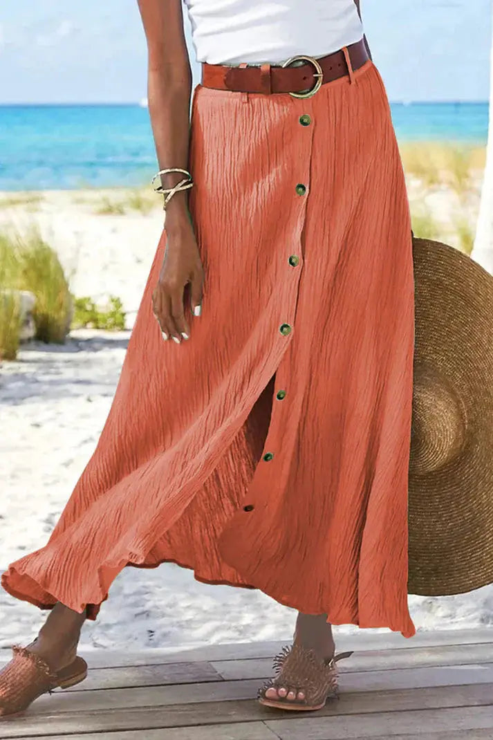 Coral Women's Button-Front Maxi Skirt - High-Waisted, Linen-Look Fabric Rinalvo™