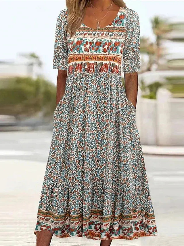 Rinalvo Dress with Bohemian Print and Round Neckline