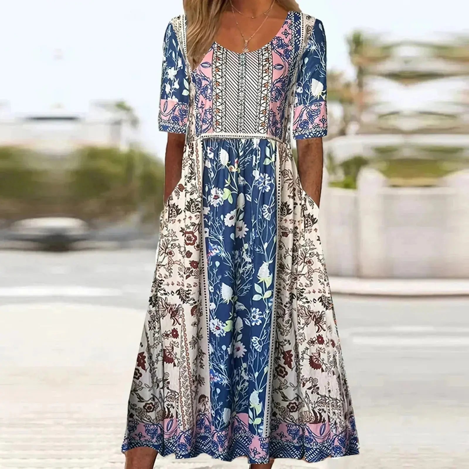 Rinalvo™ | Dress with Bohemian Print and Round Neckline Rinalvo™