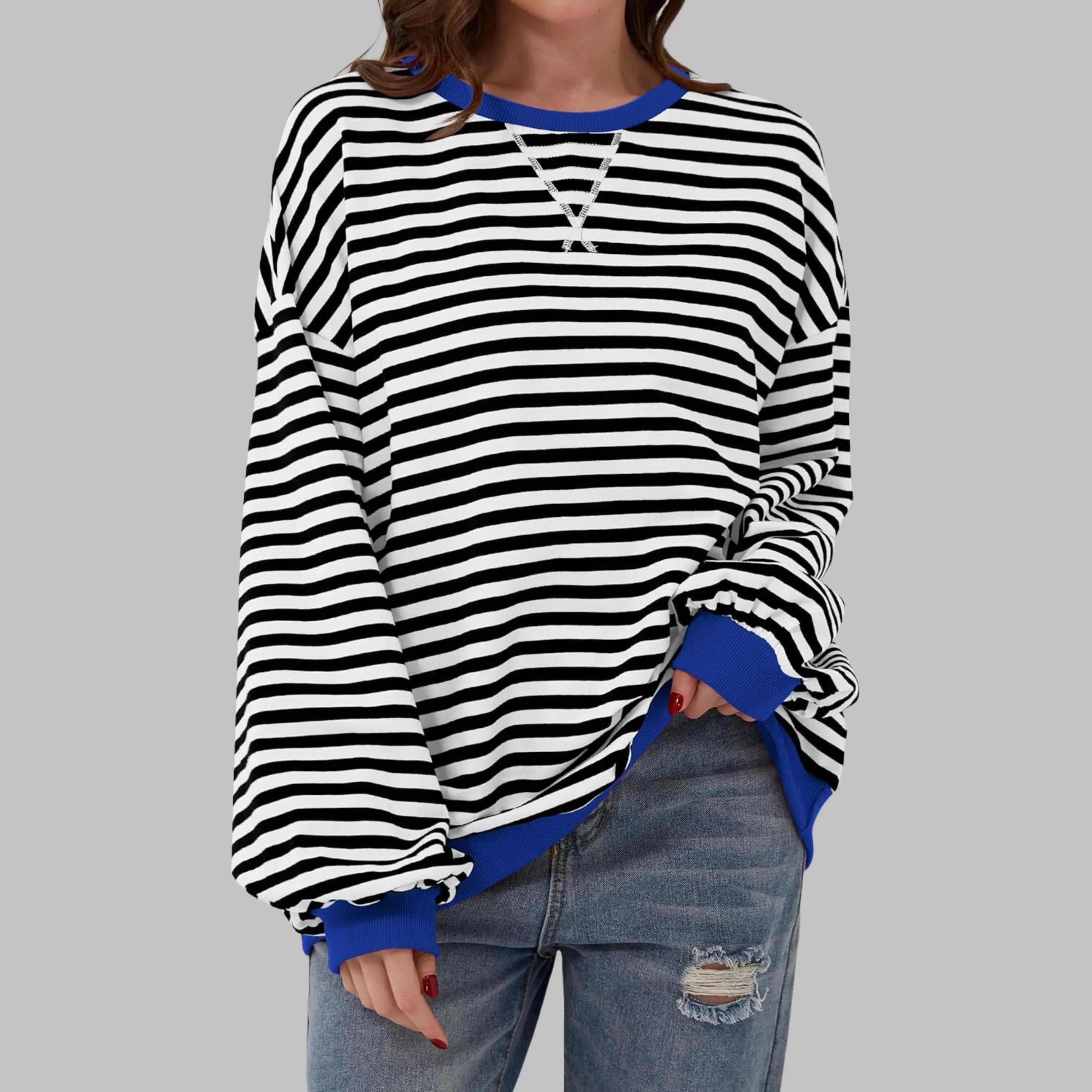 Rinalvo™ Women's Striped Crewneck Long Sleeve Oversized Sweatshirt