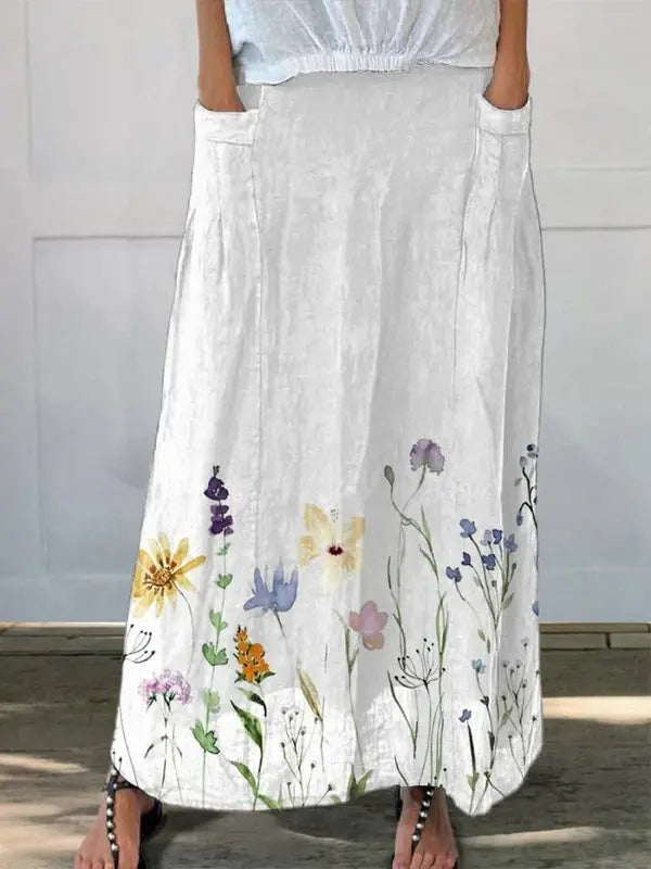 Kisha™ Watercolor Spring Meadows Art Print Elastic-Waist Pocket Skirt Rinalvo™
