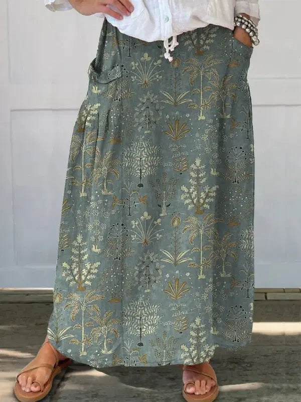 Carly™ Woodland Vegetation Pattern Printed Skirt with Elastic Waistband and Pockets Rinalvo™