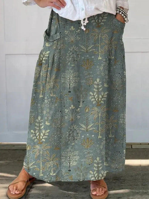 Carly™ Woodland Vegetation Pattern Printed Skirt with Elastic Waistband and Pockets Rinalvo™