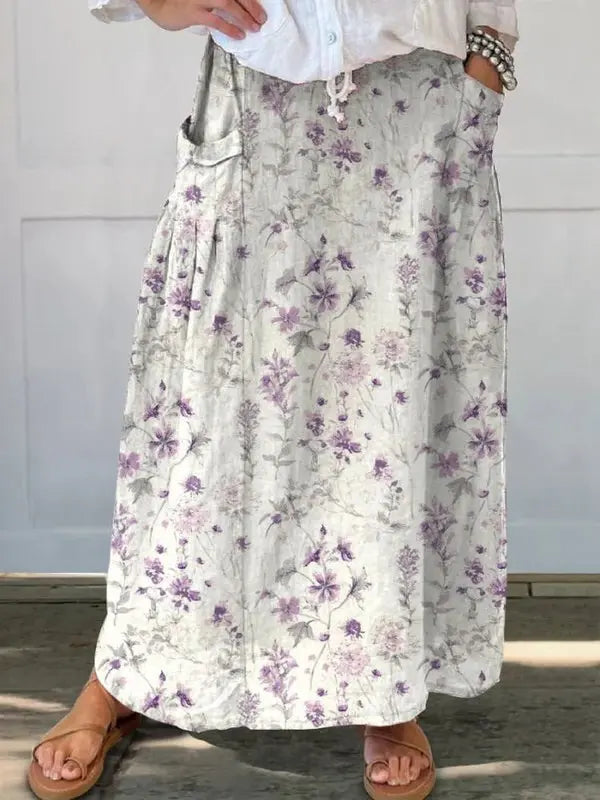 Eloisa™ Vintage Floral Art Pocket Skirt with Elastic Waistband Rinalvo™