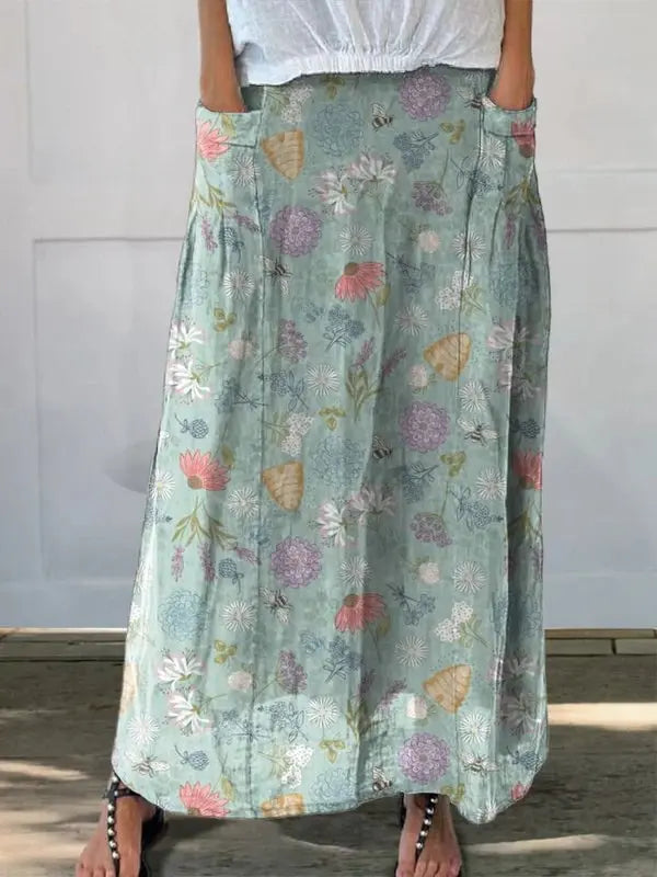 Daisy™ Blooming Spring Floral & Bumble Bee Pattern Pocket Skirt - Printed, Playful Style with Pockets Rinalvo™