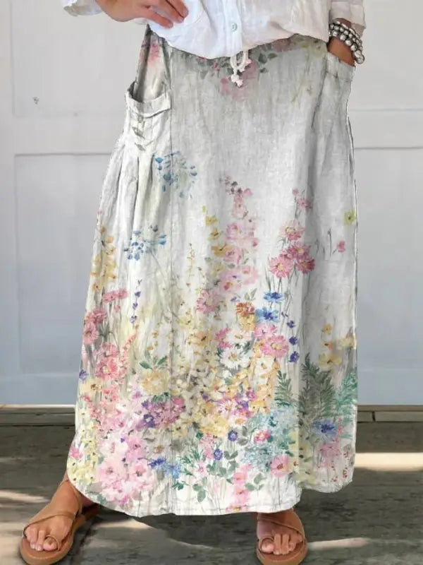 Mella™ Retro Floral Elegance Skirt with Elastic Waist and Pockets Rinalvo™