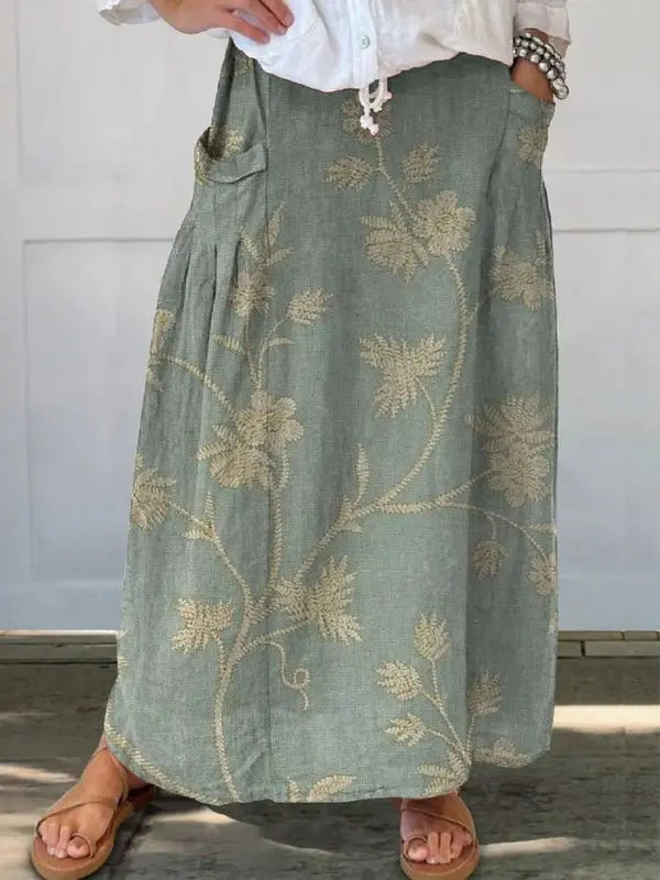 Trexie™ Retro Floral Art Pocket Skirt with Elastic Waistband Rinalvo™