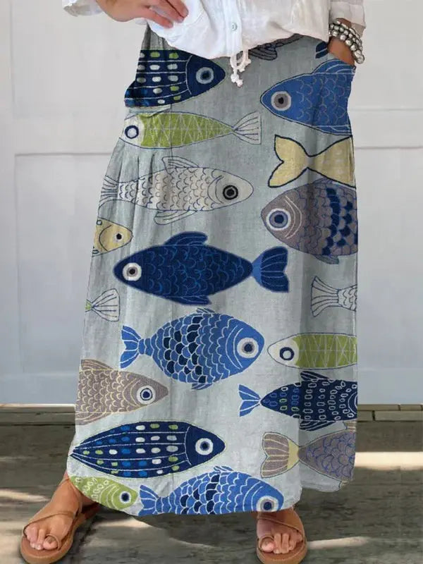 Trisia™ Vintage-Inspired Fish Art Print Pocket Skirt Rinalvo™