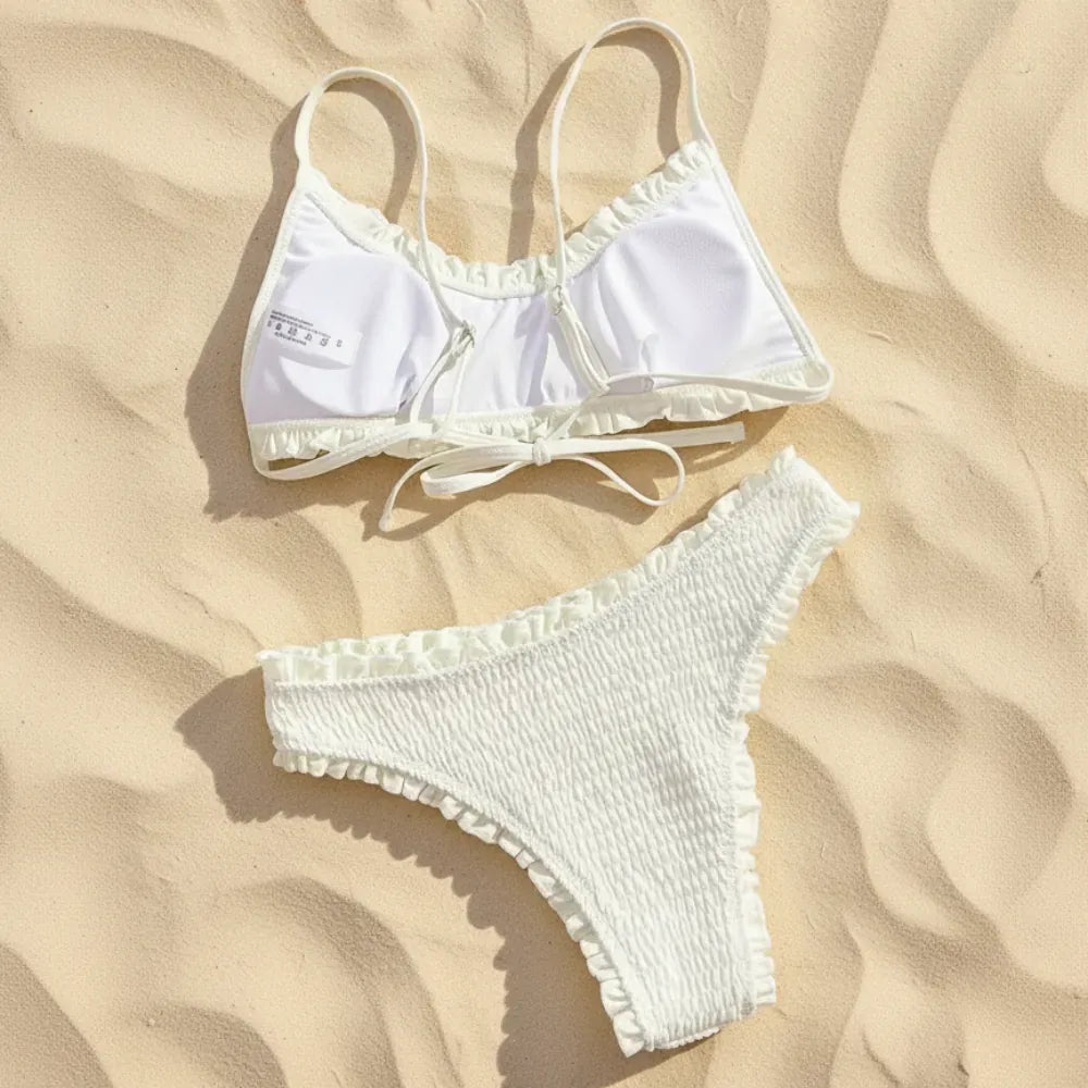 Ruffle Trim Smocked Bikini Set