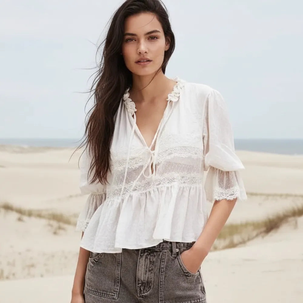 Lace Frilly Boho Babydoll Blouse
