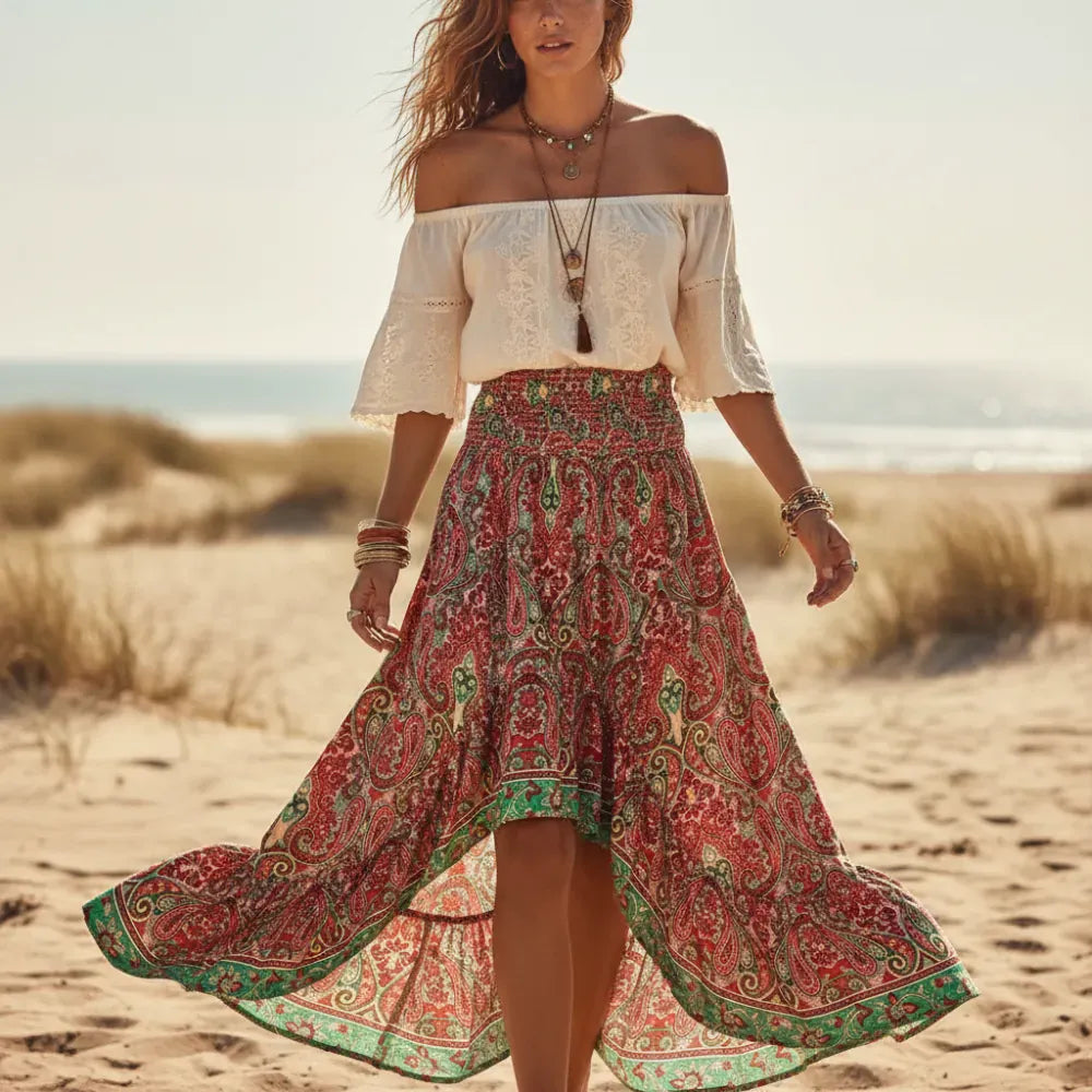 Boho Floral High Low Maxi Skirt