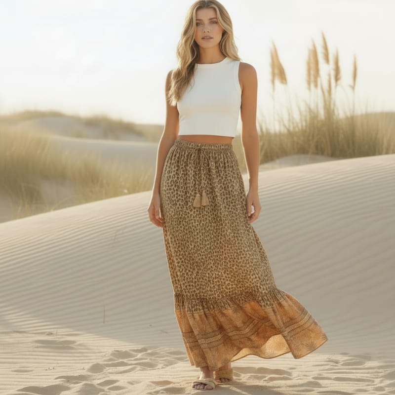 Leopard Print Ruffle Hem Boho Maxi Skirt