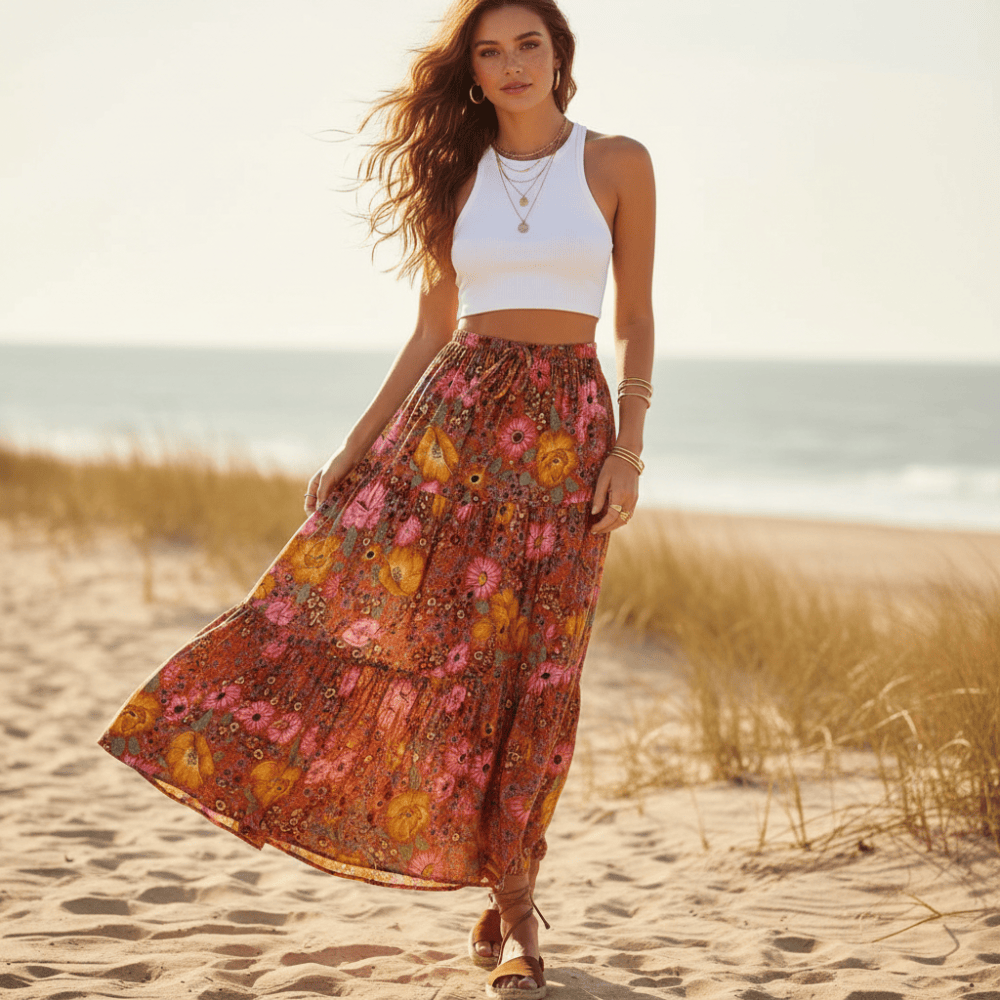 Vintage Red Floral Boho Maxi Skirt