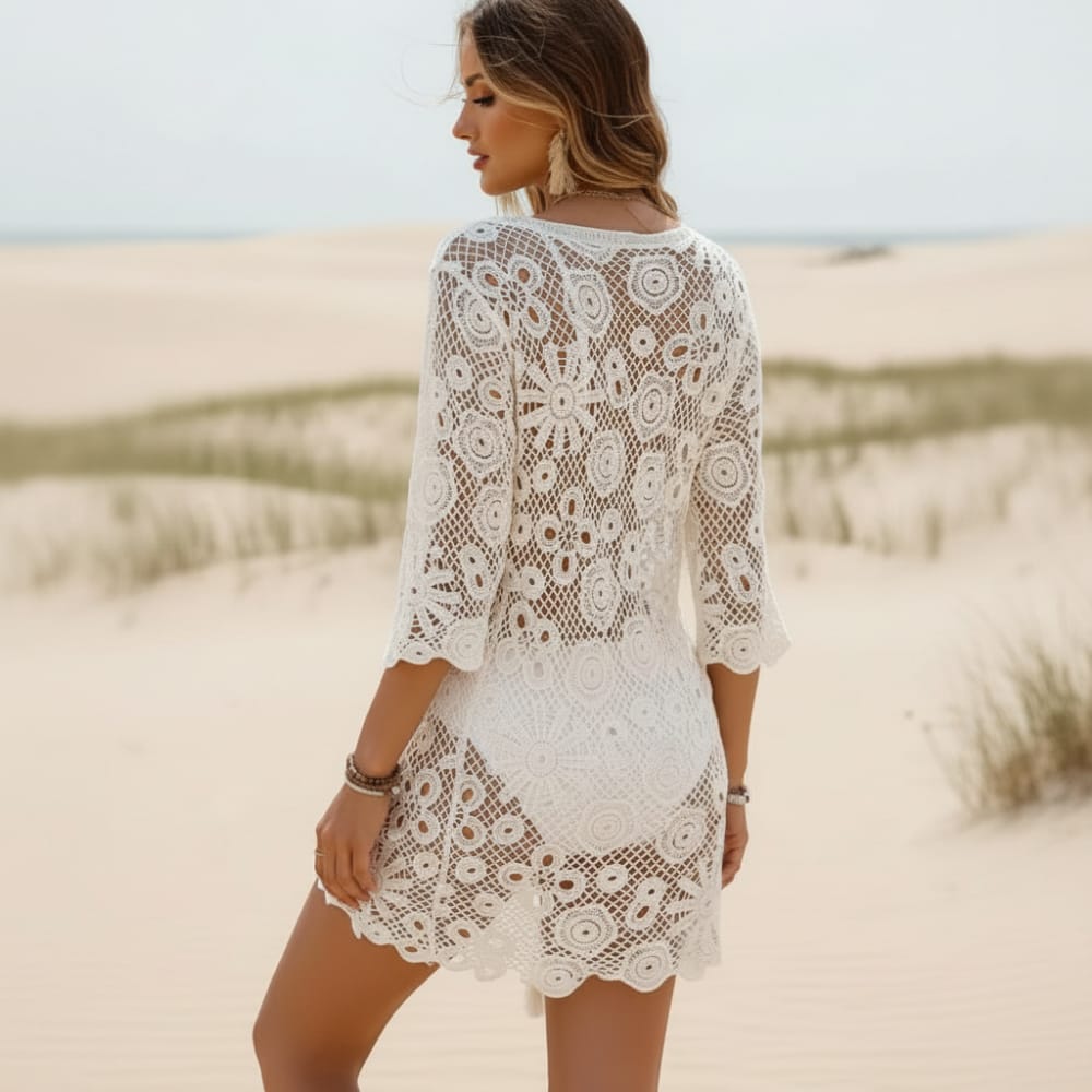White Crochet Lace-Up Mini Beach Cover Up