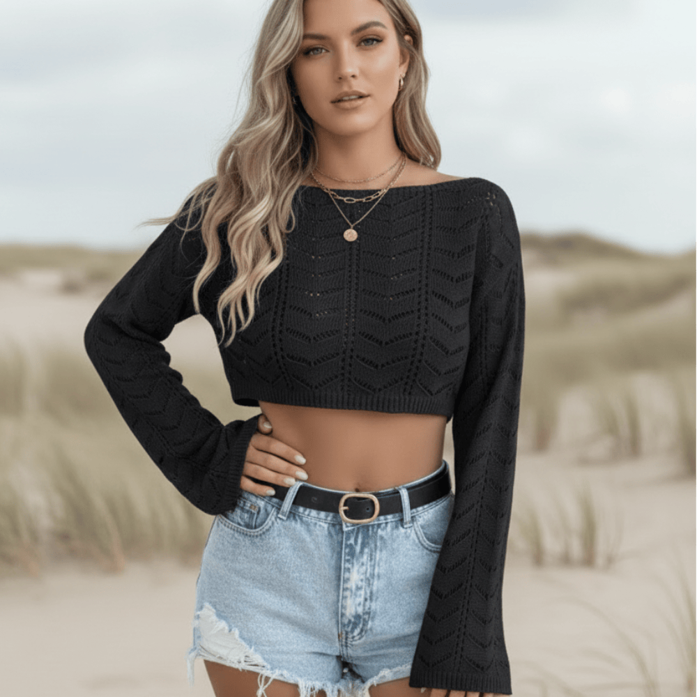 Flare Sleeved Hollow Boho Knit Crop Top