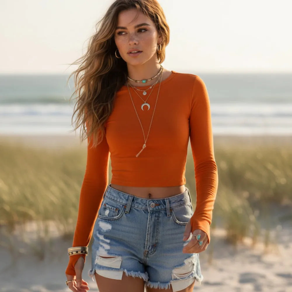 Long Sleeve Slim Fit Crop Top with Thumb Holes