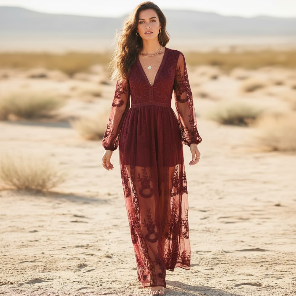 Boho Red Lace Maxi Dress