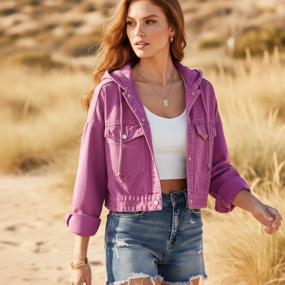 Boho Cropped Hooded Denim Jacket