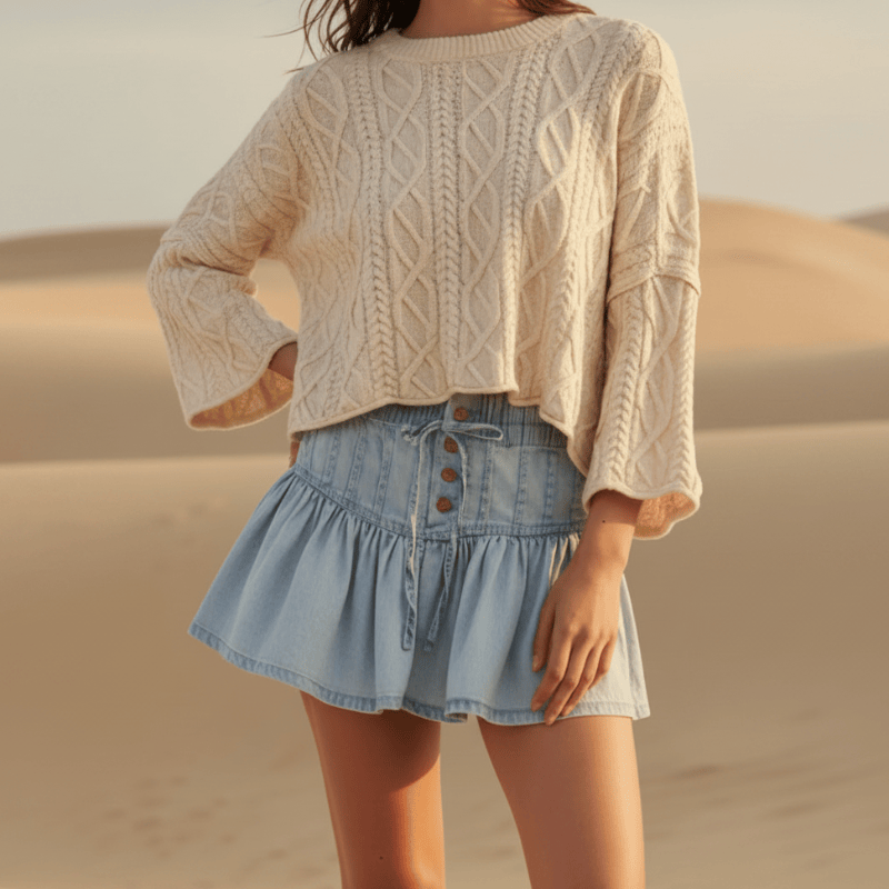 Retro Pleated Denim Mini Skirt