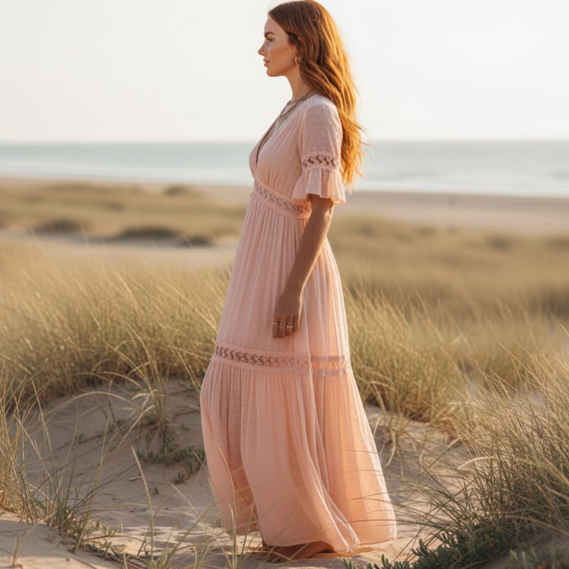 Blush Pink Boho Lace Maxi Dress
