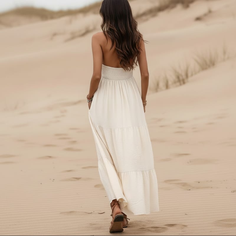 Boho Halter V-Neck Open Back Maxi Dress