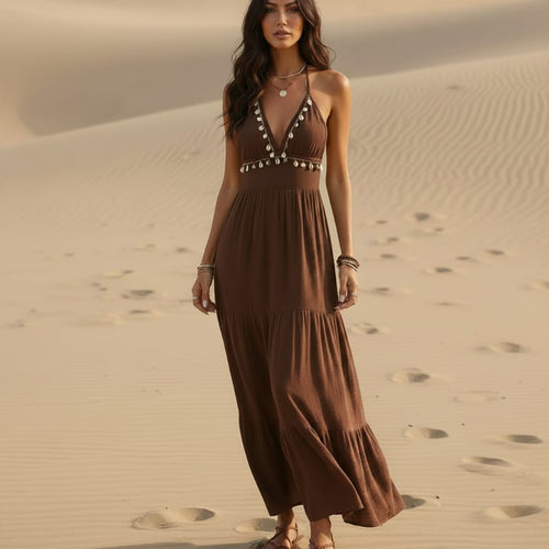 Boho Halter V-Neck Open Back Maxi Dress