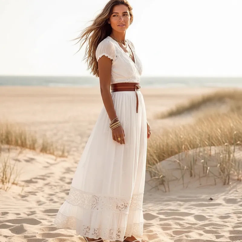 Boho White Lace Embroidered Maxi Dress