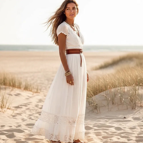 Boho White Lace Embroidered Maxi Dress