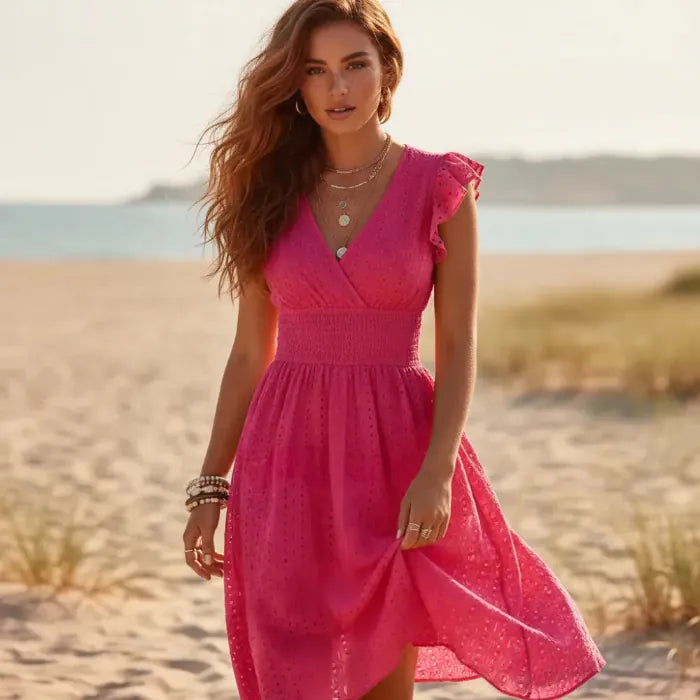 Boho Eyelet Lace Midi Dress