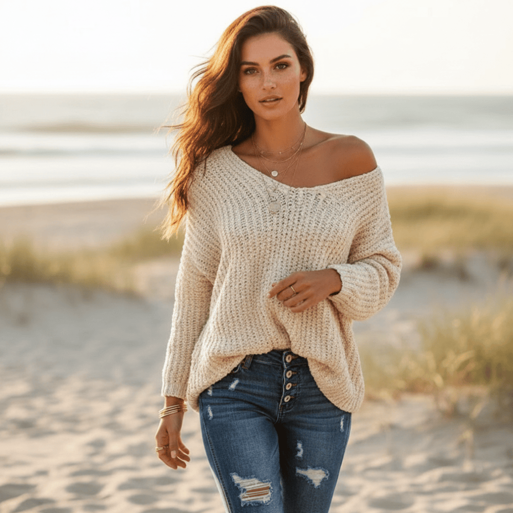 Boho Off Shoulder Knit V‑Neck Sweater