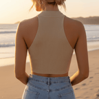High Neck Ribbed Halter Crop Top