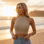 High Neck Ribbed Halter Crop Top