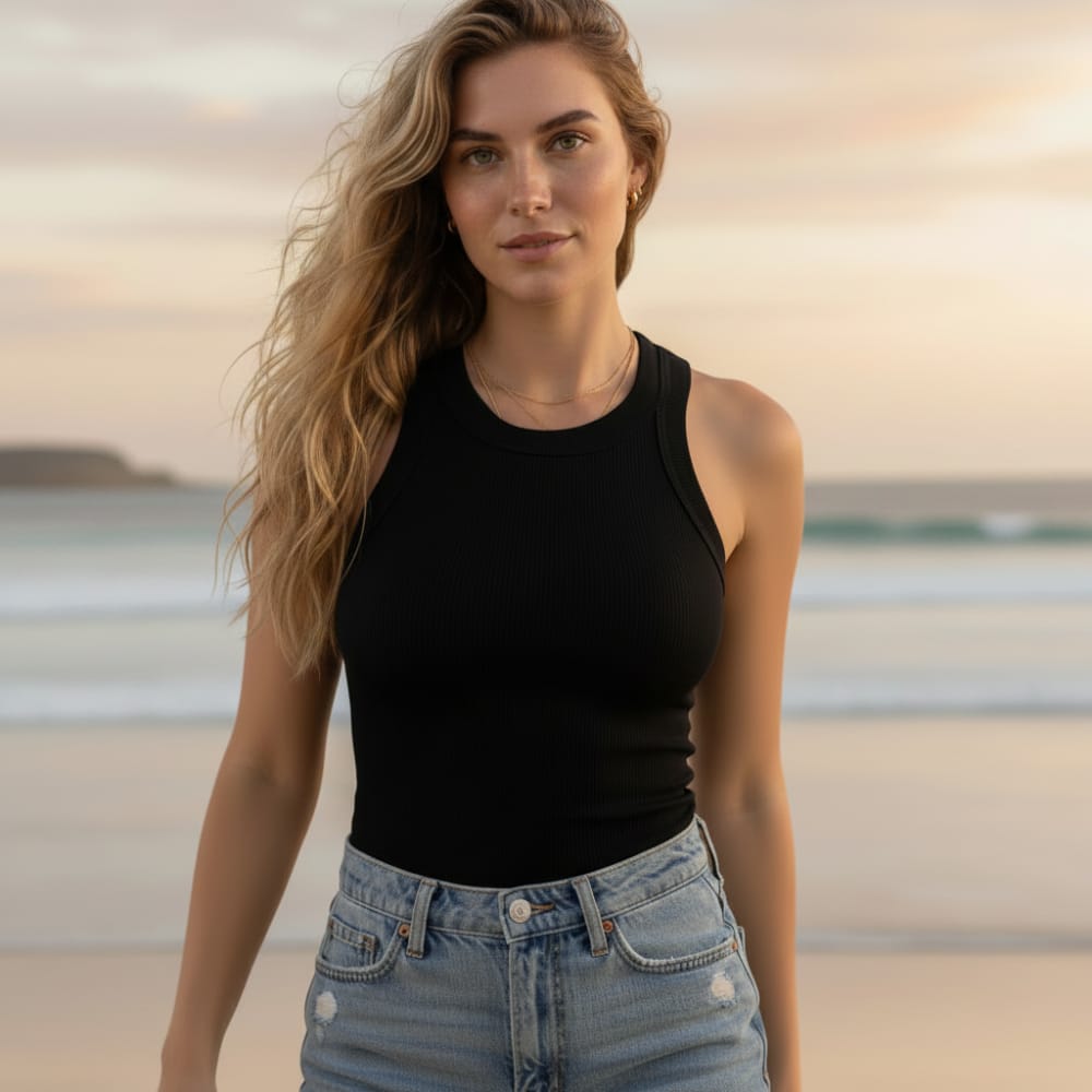Solid Ribbed High Neck Tank Top