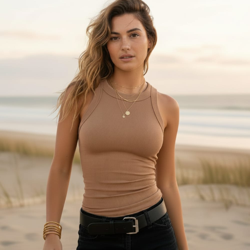 Solid Ribbed High Neck Tank Top