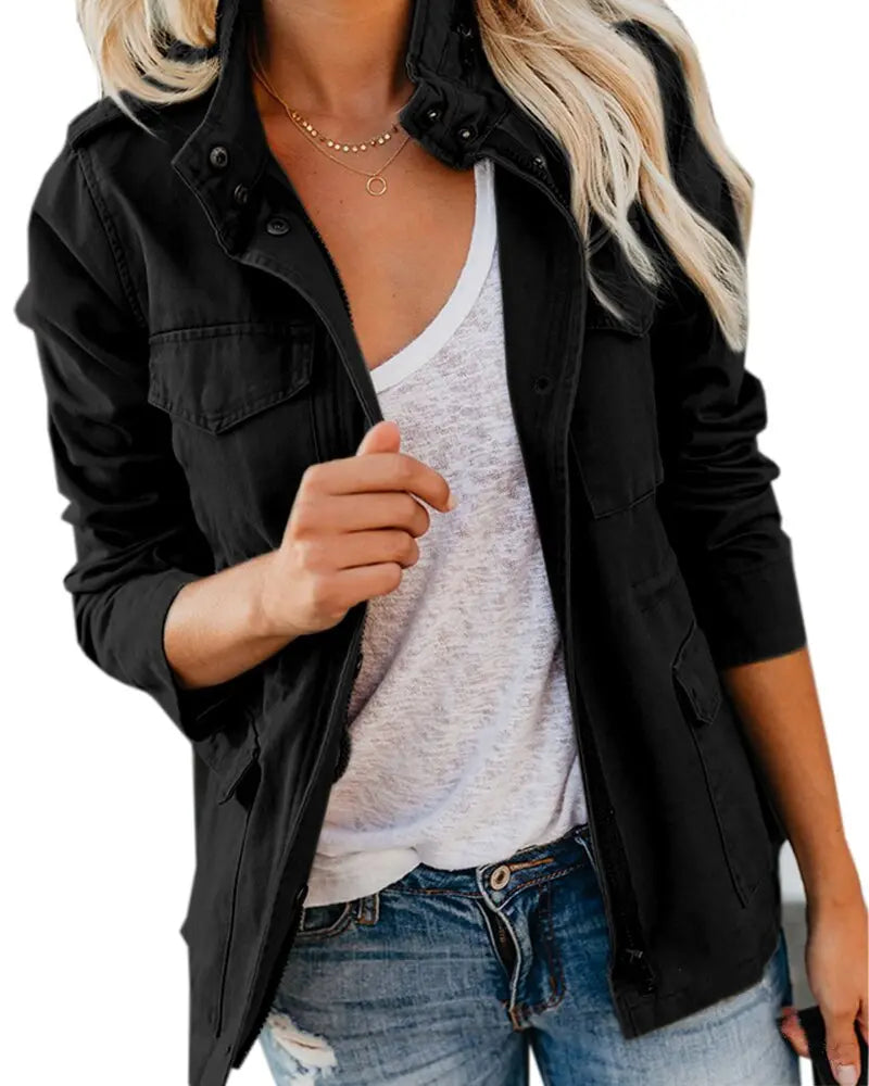 Rinalvo™ | Women's Khaki Zip Front Utility Jacket Rinalvo™